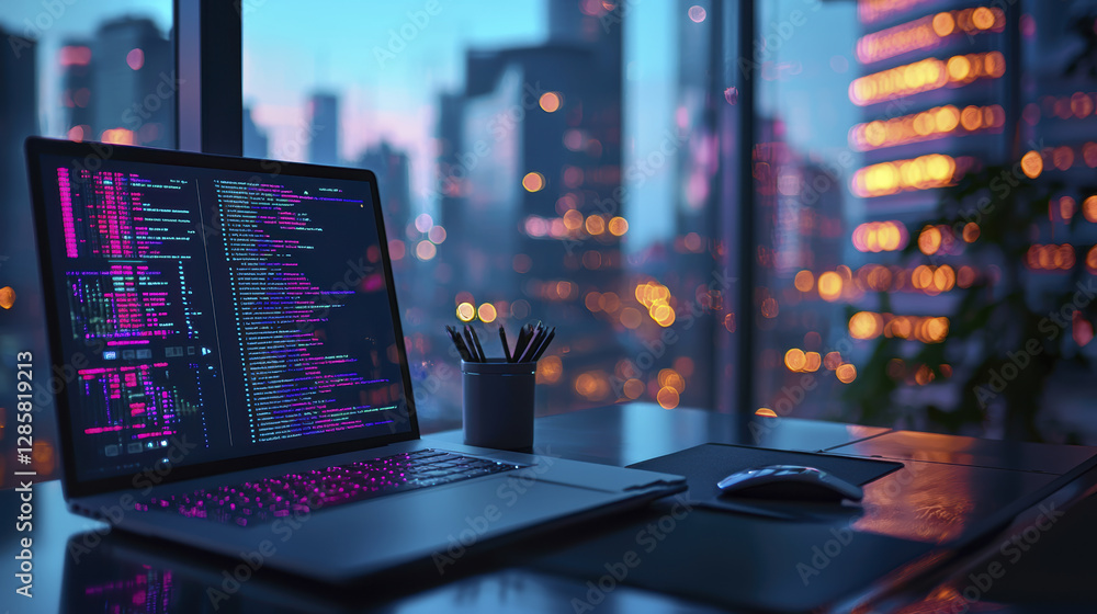 Aufkleber modern laptop displaying code sits on desk with city skyline view. vibrant lights create tech savvy 