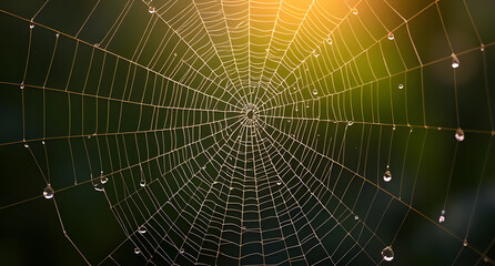 Spiderweb with dewdrops background. Intricate silk strands reflecting morning light