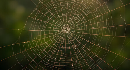 Spiderweb with dewdrops background. Intricate silk strands reflecting morning light