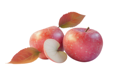 Fresh red apples with green leaves and a sliced piece displayed together on a white background for vibrant presentation