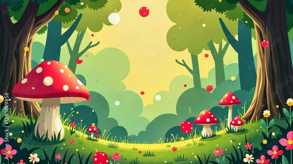 Poster A forest scene with a red mushroom in the foreground and three other mushrooms in the background. There are also flowers in the foreground