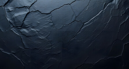 Volumetric rock texture with cracks. Black stone background with copy space for design. Wide banner