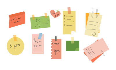Paper sticker notes. Cartoon sticky sheets. Organization tapes, remind papers memo pages, notebook sticker, goal management office board blank for message. Scrapbooking with clips and pins vector set.