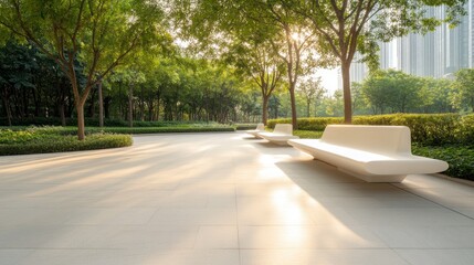 Serene Urban Park with Benches Made from Recycled Materials Surrounded by Lush Greenery and Sunlit Pathways for Relaxation