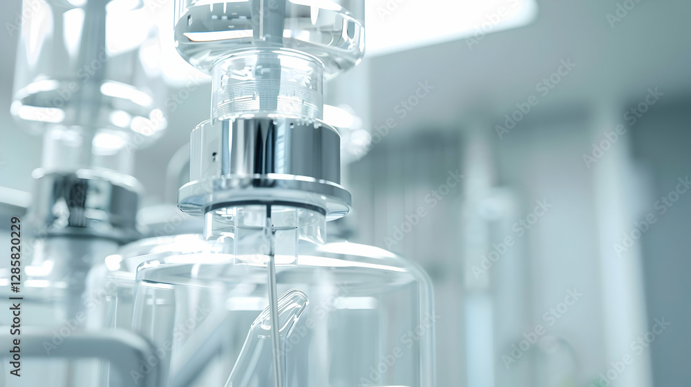 Poster close-up of transparent laboratory glassware with chrome fittings in a modern lab setting