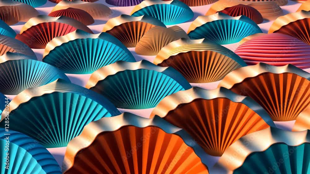 Poster a colorful image of many different colored paper fans. the fans are in various shades of blue, red, 