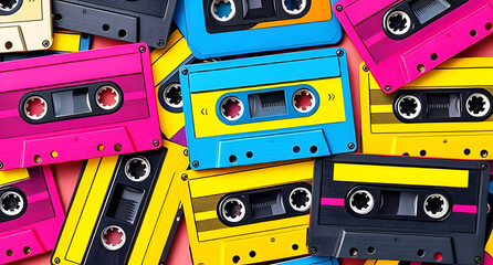 Retro cassette tape pattern background. 80s nostalgia with bright pink, blue, and yellow cassettes
