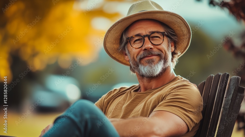 Poster man wearing a straw hat and glasses is sitting on a wooden bench. he is smiling and he is enjoying t