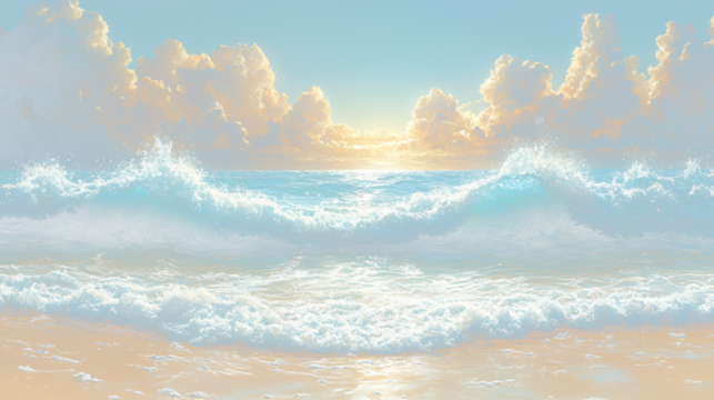 a painting of waves crashing on a beach