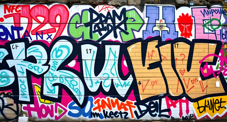 Naklejka premium Graffiti-covered urban wall background. Colorful, chaotic street art patterns. Edgy and rebellious