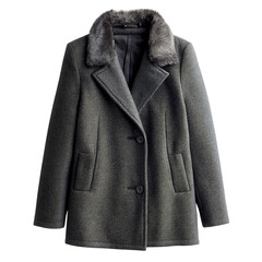 A Gray Wool Coat with Faux Fur Collar Isolated on Transparent Background