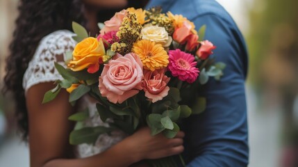 A Loving Moment: A Man Surprises His Partner with a Beautiful Bouquet of Colorful Flowers on a Bright Day