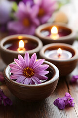 Soothing Aromatherapy Setup with Scented Candles and Fresh Flowers : Generative AI