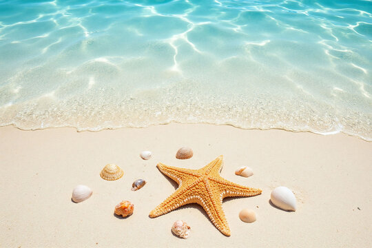 Close up of sandy beach with starfish seashells clear blue water