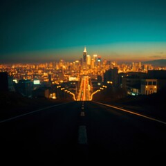 Obraz premium City Skyline Night View From Road with Blurred Lights and Dark Sky
