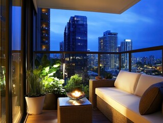 A balcony with a white couch and a fire pit