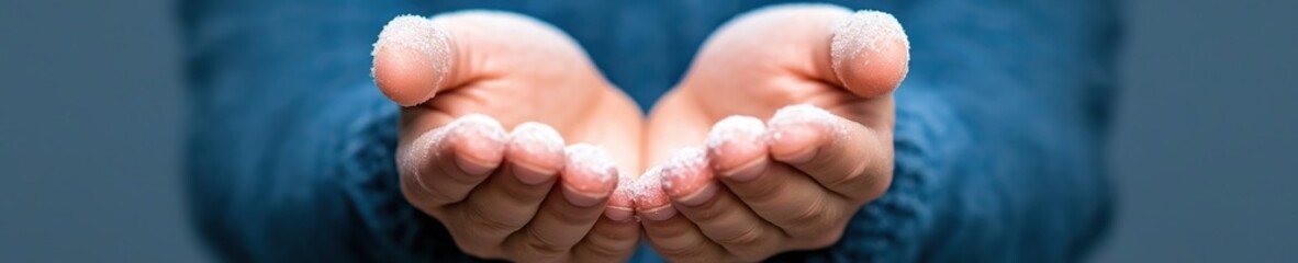 Hands holding granular material with a soft texture in a neutral background