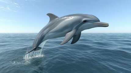 Fototapeta premium Ocean Dolphin Leaping, Blue Water, Clear Sky