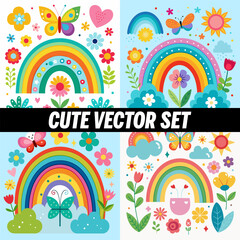 Happy and vibrant vector pack featuring rainbows, hearts, and sunshine