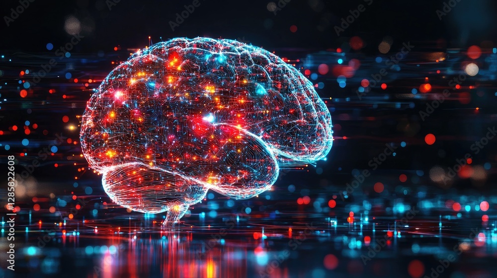 Poster futuristic representation of brain with colorful neural connections