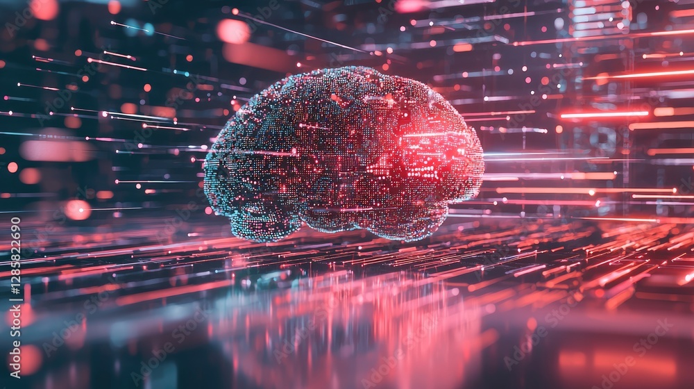 Poster futuristic digital brain with data streams and neon lights
