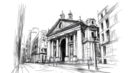 Fototapeta premium Historic building sketch with classical columns and ornate facade illustrated in black and white