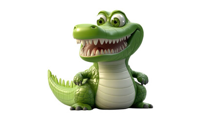 Naklejka premium Bright green cartoon crocodile character with big eyes and a wide smile sits happily in a playful pose
