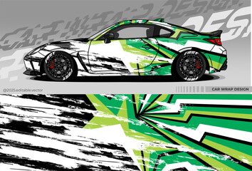 Sports car wrap design. Dominated by black, green, white. There are sharp star and line shapes depicting speed and courage. Suitable for racing, drift or exhibition © Gayuhdesu