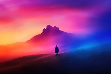 Obraz premium Silhouette of person walking vibrant mountain sunset