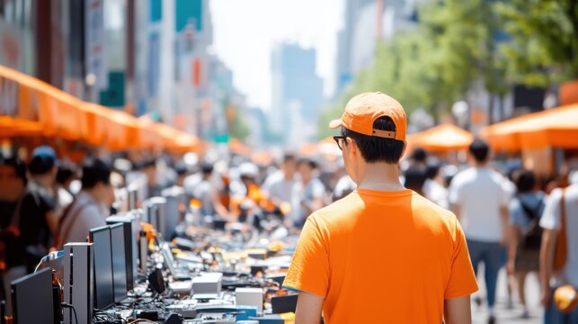 Bustling Second-Hand Electronics Market Scene with Vibrant Stalls and Crowd, Vibrant Atmosphere Under Bright Sunlight