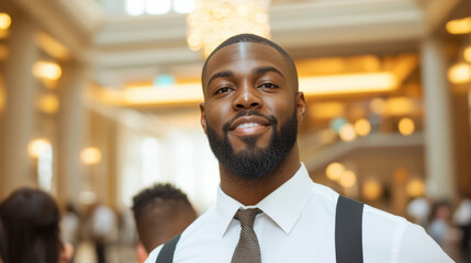 Fototapeta premium Engaging Bellhop Assists Guests with Warm Smile in Upscale Hotel Lobby Environment