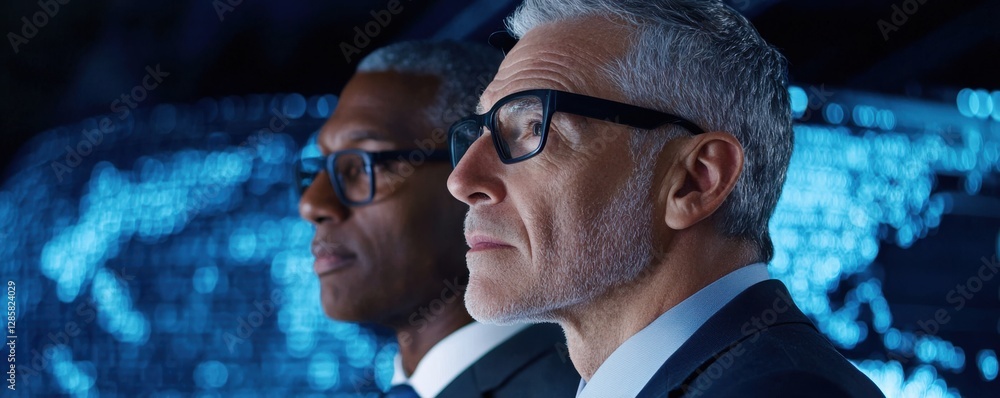 Poster two professionals in glasses, focused and engaged, stand against a backdrop of digital data, embodyi