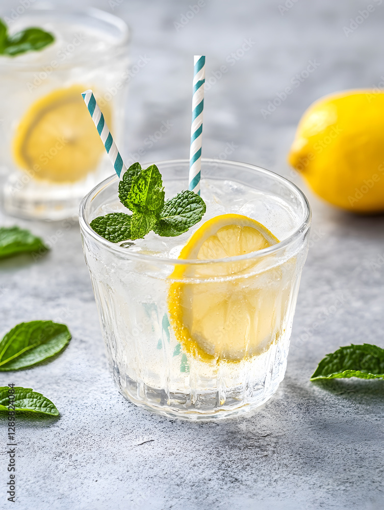 Aufkleber refreshing lemon mint water with ice in a glass on grey rustic surface : generative ai