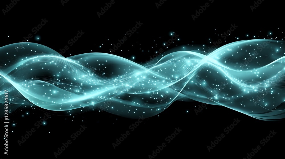 Poster abstract luminous teal waves and scattered dots flowing on a dark background