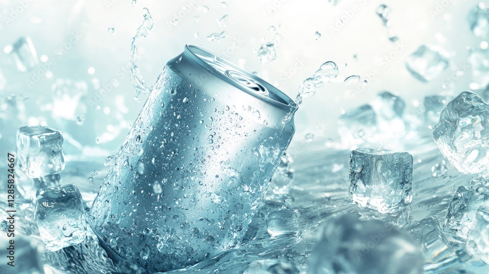 Poster refreshing beverage can splashing in clear water with ice cubes