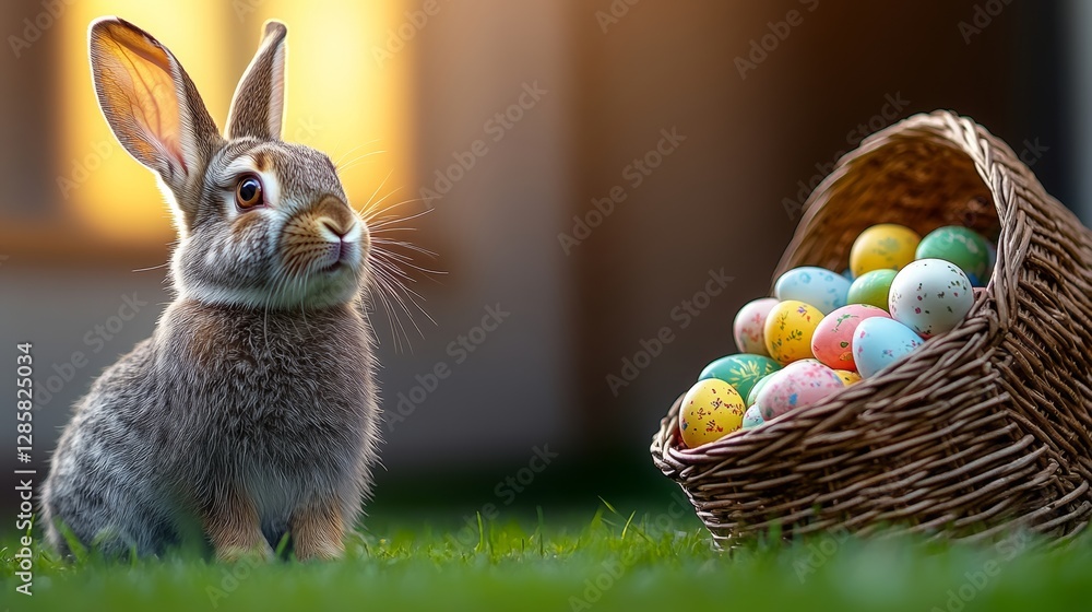 Poster rabbit is standing in front of a basket of easter eggs. the rabbit is looking at the basket, and the