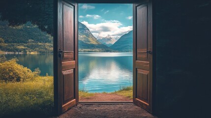 A breathtaking view of a serene lake and mountains through an open door