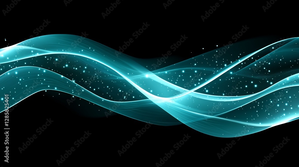 Poster abstract turquoise flowing waves with glittering particles on a black background