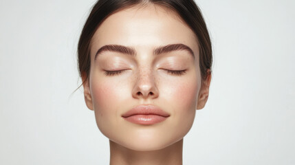 Obraz premium Natural beauty portrait showcasing a woman with smooth skin and closed eyes in soft lighting