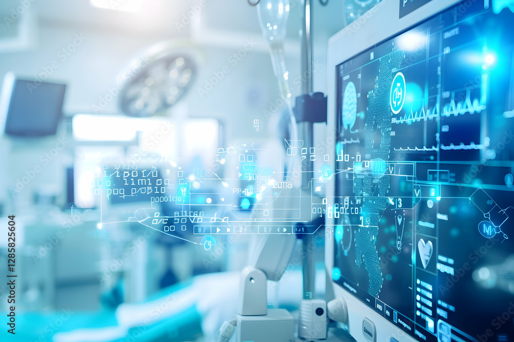 Poster advanced medical monitoring equipment displaying vital signs in a hospital setting with digital over