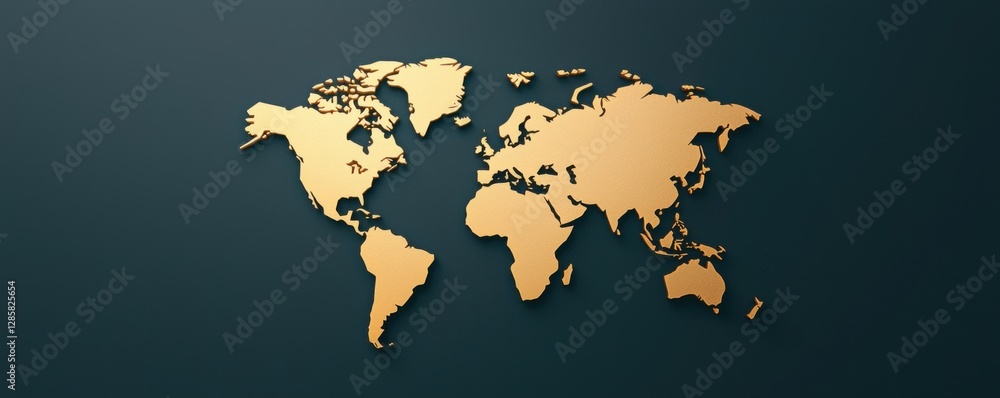 Poster a golden world map on a dark background, symbolizing global connectivity and geography.