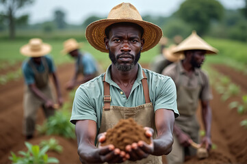 Fototapeta premium Dedicated Farmer Holding Fresh Soil in Hand with Teamworking in Background