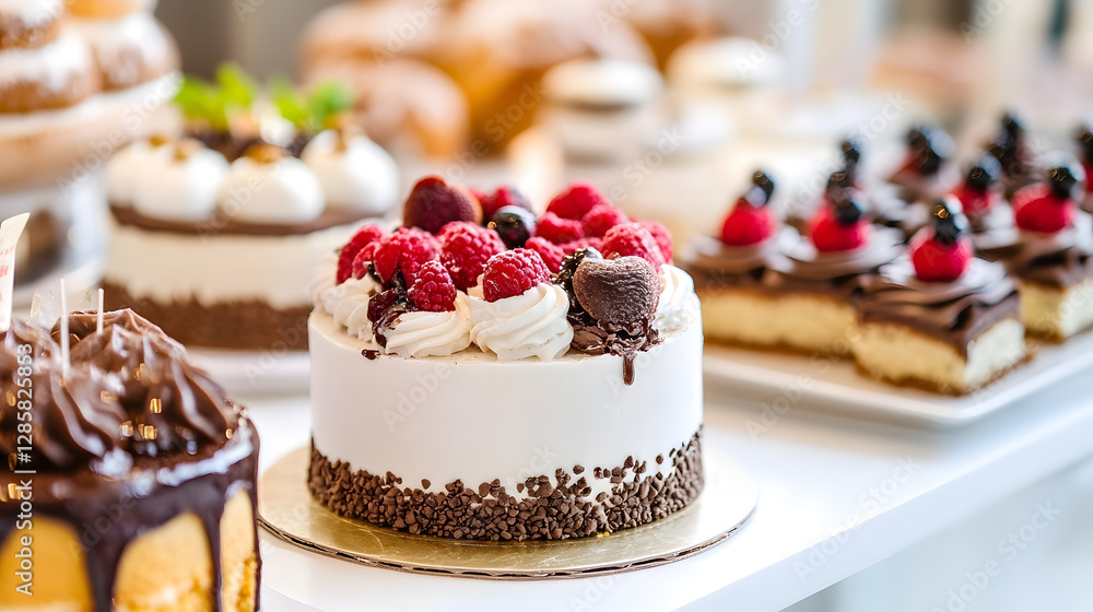 Poster delightful display of assorted cakes with berries and chocolate on table : generative ai