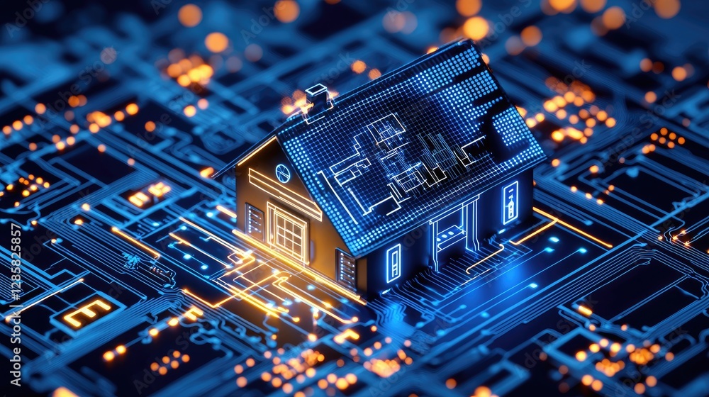 Aufkleber digital home concept on circuit board with illuminated features