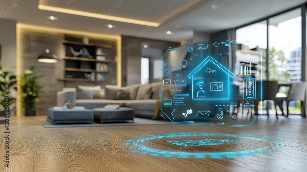 Poster modern smart home technology concept with digital interface display