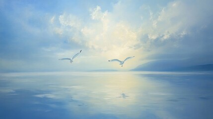 Serene Seascape: Two Seagulls in Flight over Calm Waters