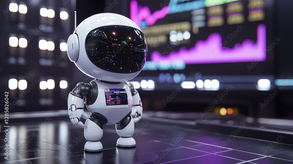 Poster cute robot standing in front of colorful data visualization screen