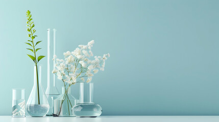 Elegant arrangement of laboratory glassware with plants and flowers on a light blue background