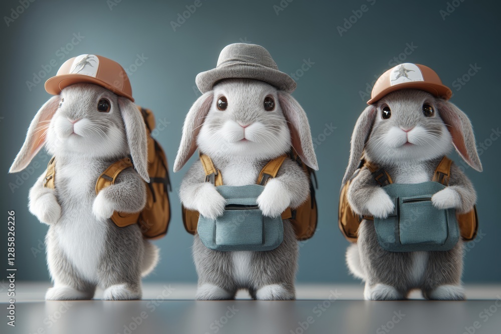 Poster three rabbits are standing in a row, each wearing a backpack and a hat. the scene is playful and whi