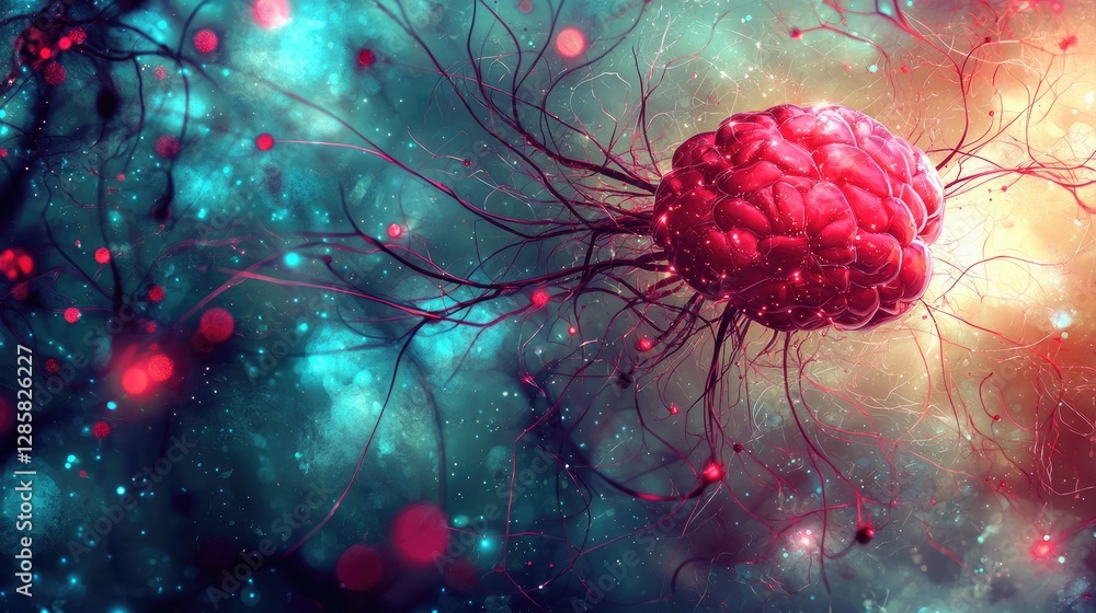 Poster abstract representation of brain with colorful background and neurons